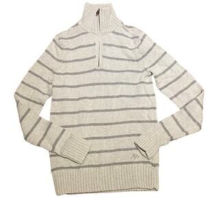 Aeropostale Mens XS Gray Cotton Turtleneck Zip Up Striped Sweater